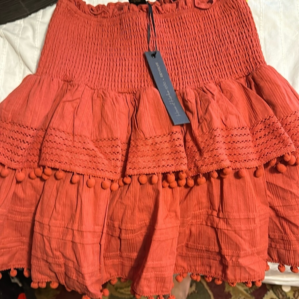 NWT House of Harlow 1960 Revolve Red Orange smocked waist ruffle skirt small - Picture 2 of 5